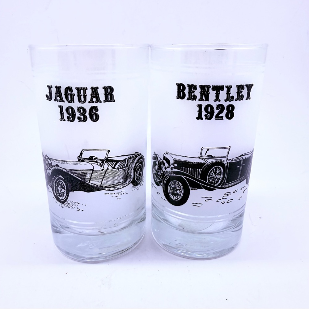 Jaguar and Bentley  Clear Glasses with Black Jaguar 1936 & Bentley 1928 Art
